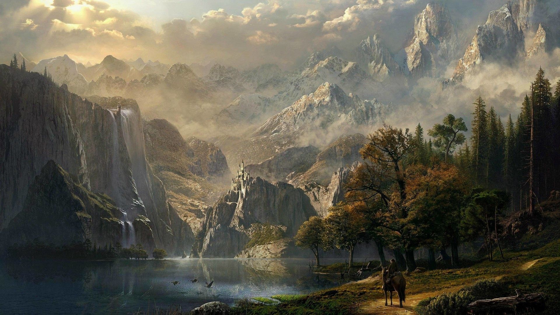 Paesaggio montano fantasy con cascate, 1920x1080 1080p, PC