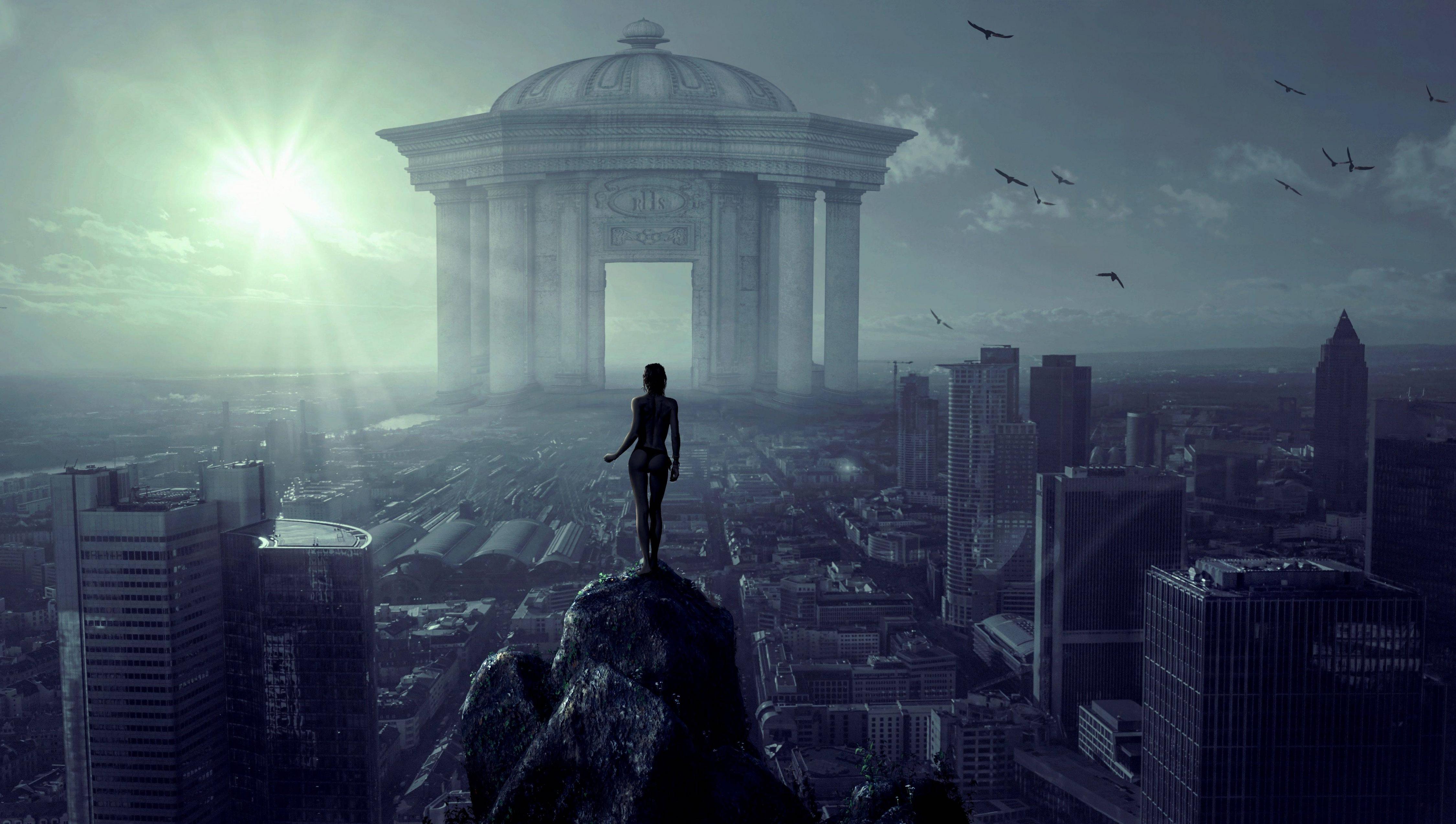 Città futuristica con tempio fantasy, 5000x2830 4K, Desktop 4K