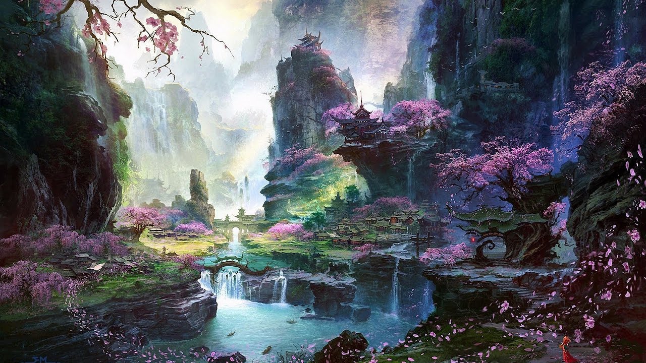 Paesaggio fantasy con ciliegi rosa, 1280x720 720p, Laptop