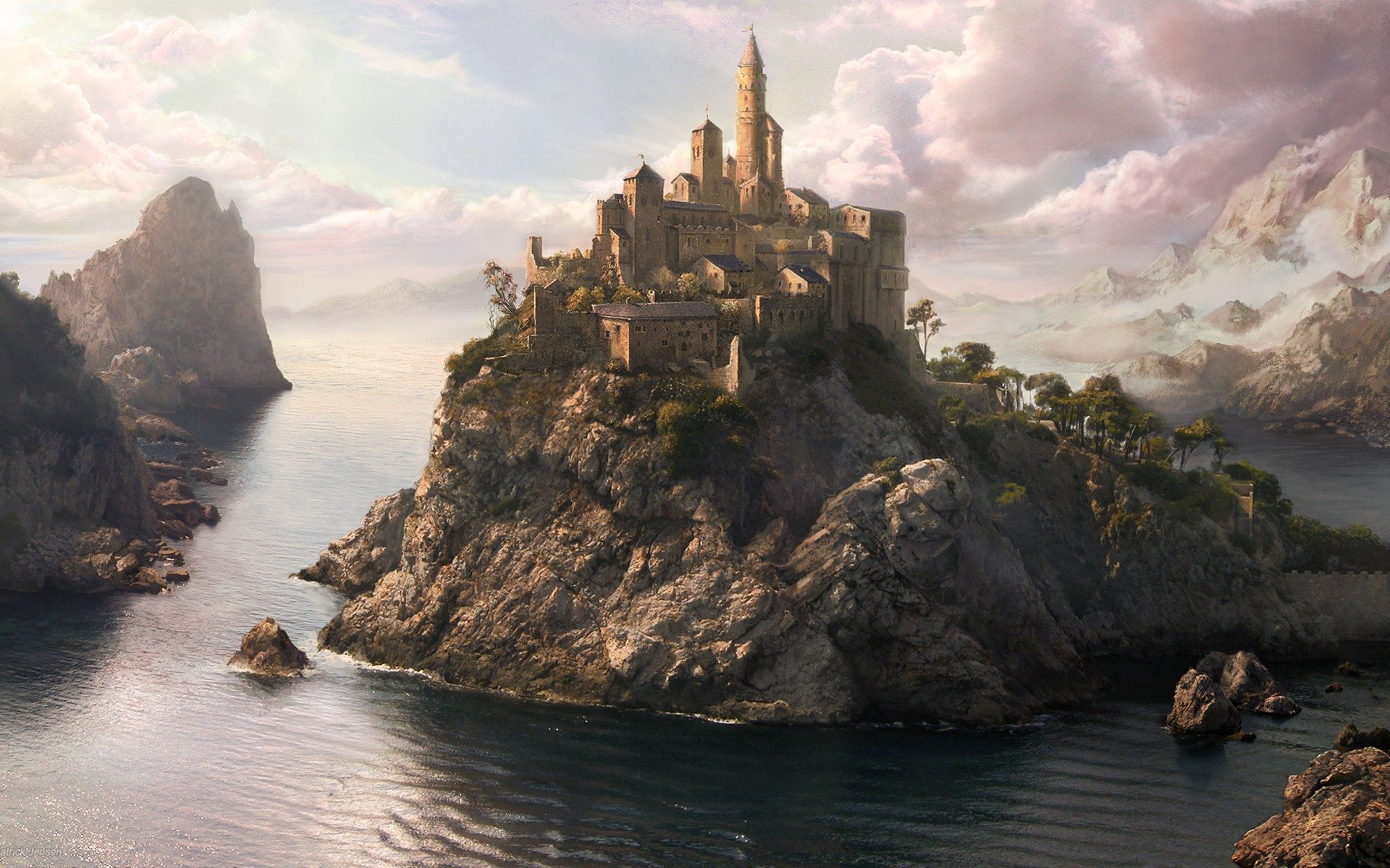 Castello fantasy su isola rocciosa, 1920x1200 Full HD+, Laptop