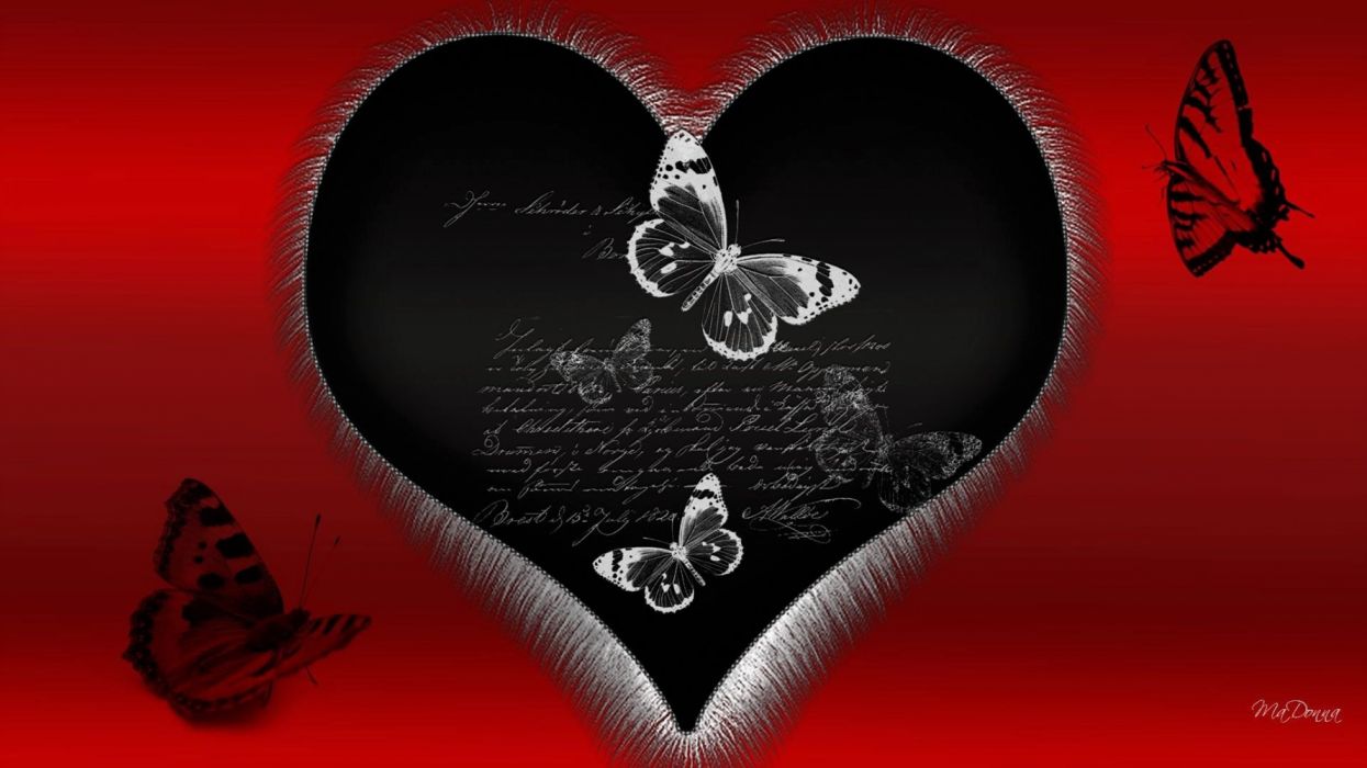 Cuore nero con farfalle rosse, 1245x700 HD, Laptop