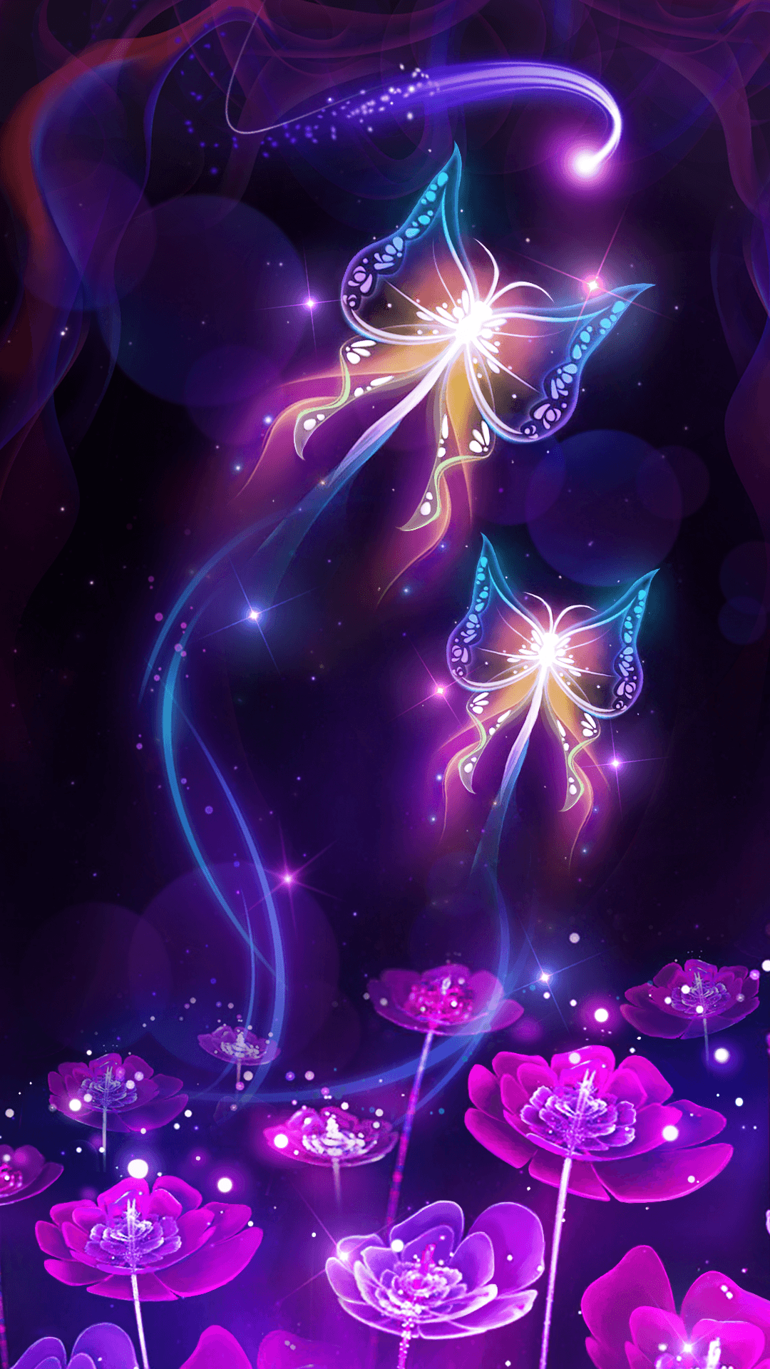 Farfalle neon viola luminose, 1080x1920 Verticale, Telefono