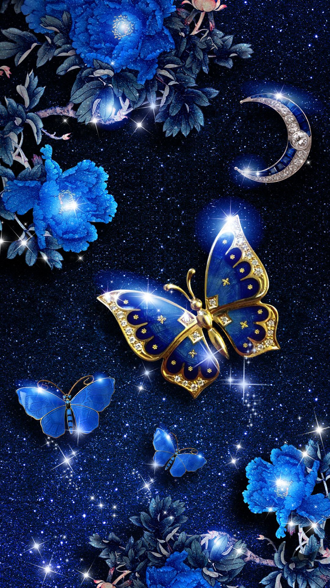 Farfalla blu neon con fiori, 1080x1920 Full HD Verticale, iPhone