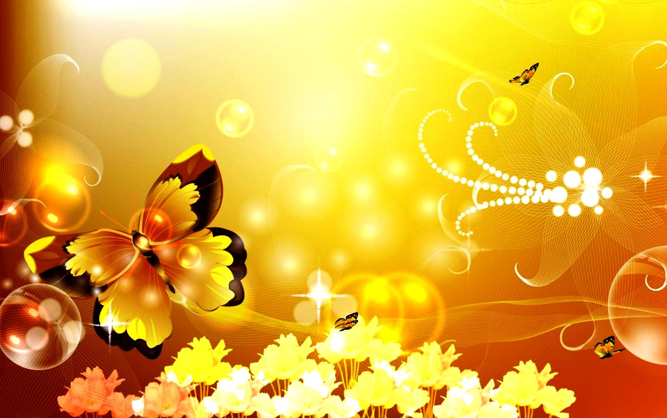 Farfalle dorate e fiori luminosi, 1369x857 720p, Laptop