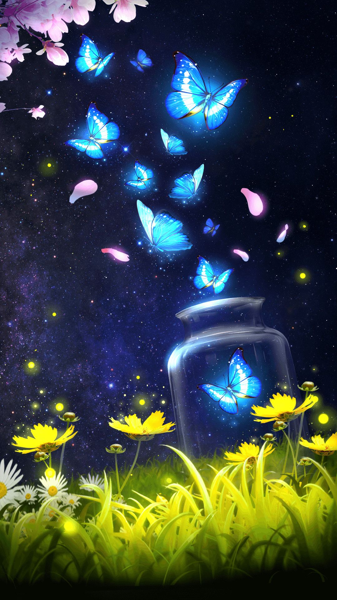 Farfalle blu luminose barattolo, 1080x1920 Verticale, Mobile