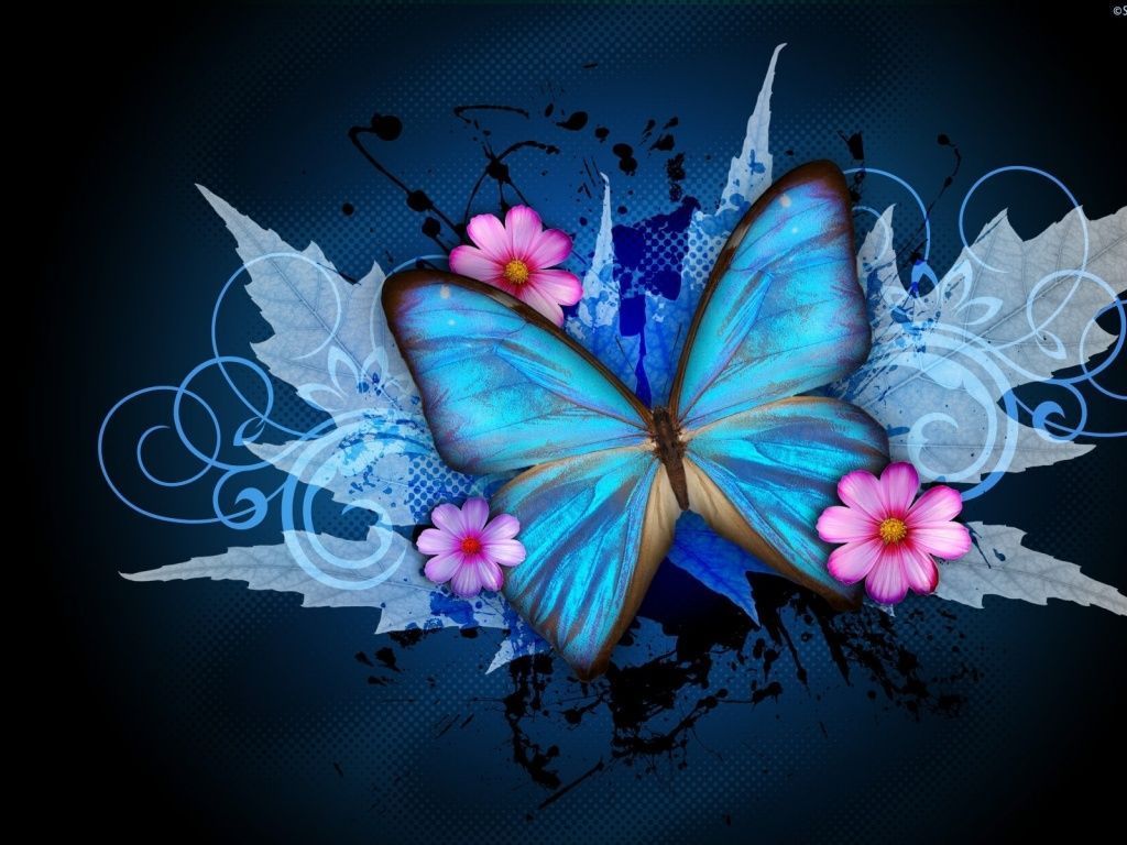 Farfalla blu astratta con fiori, 1024x768 HD, PC