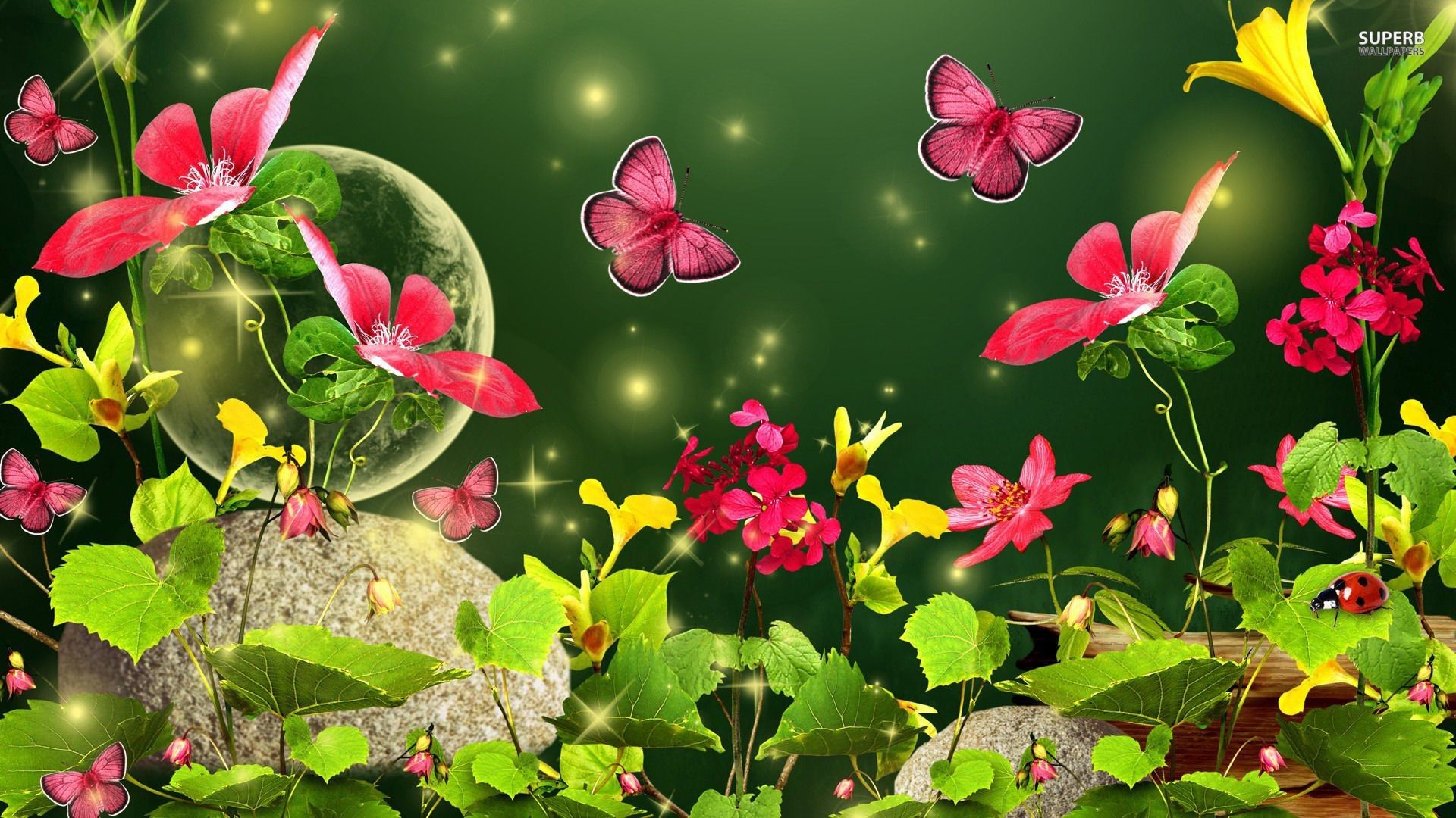 Farfalle rosa con fiori verdi, 1920x1080 Full HD, Desktop