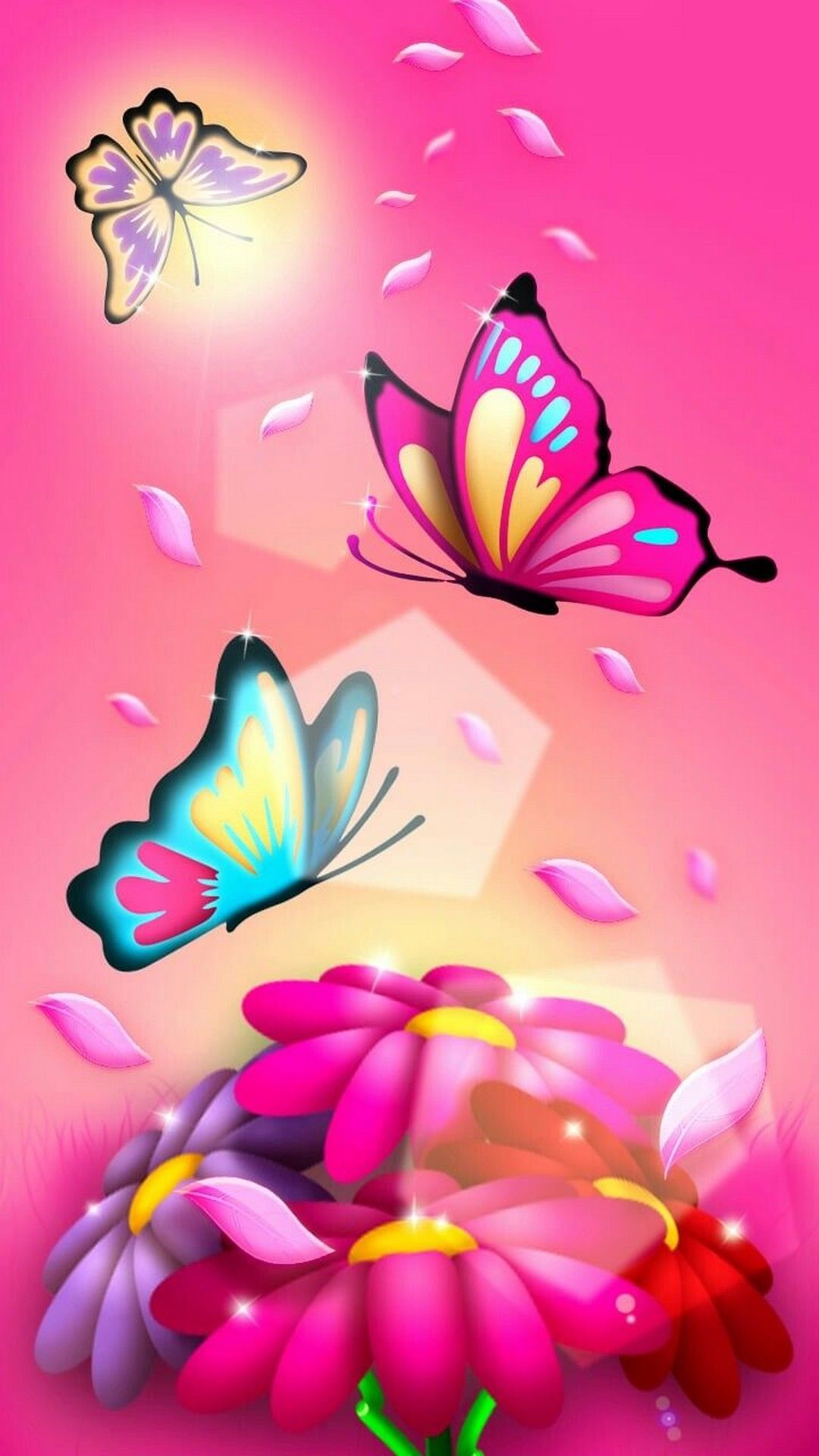 Farfalle colorate su fiori rosa, 1080x1920 Verticale, Samsung Galaxy
