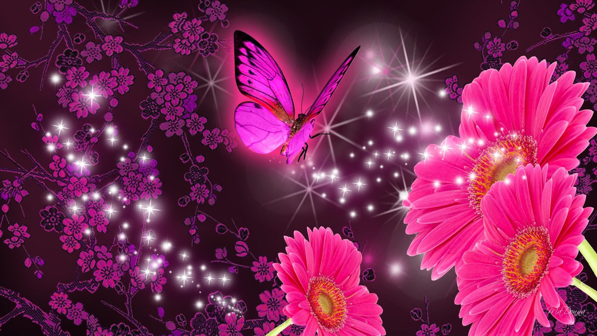 Farfalla rosa e fiori, 1920x1080 Full HD, Desktop