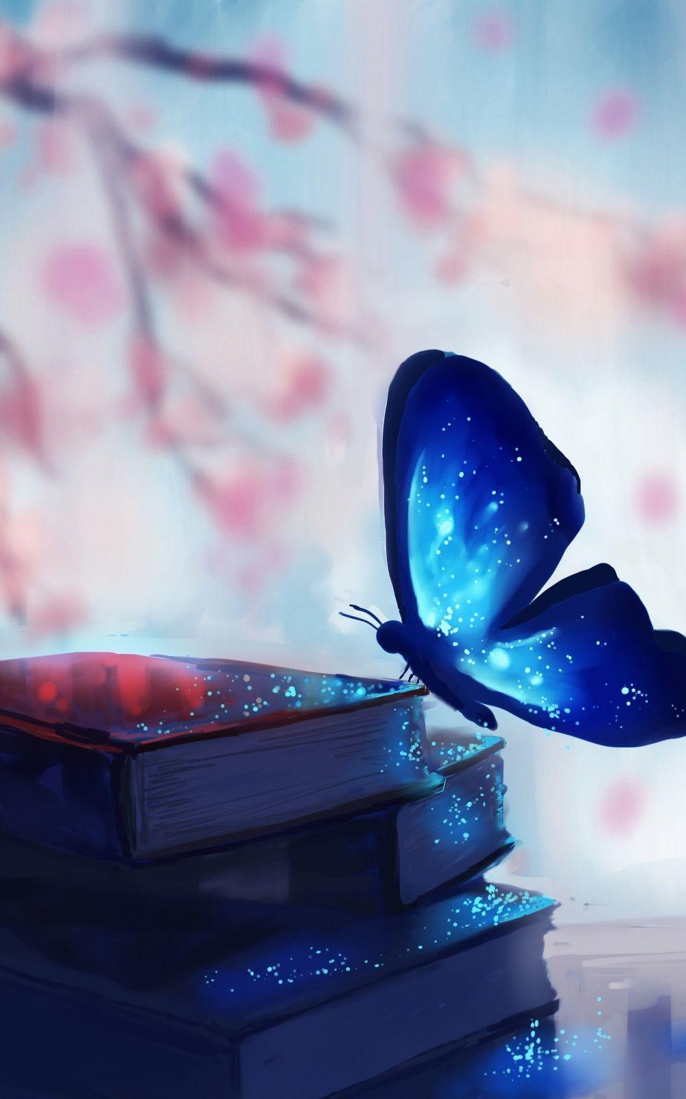 Farfalla blu su libri, 1000x1600 Verticale, Telefono