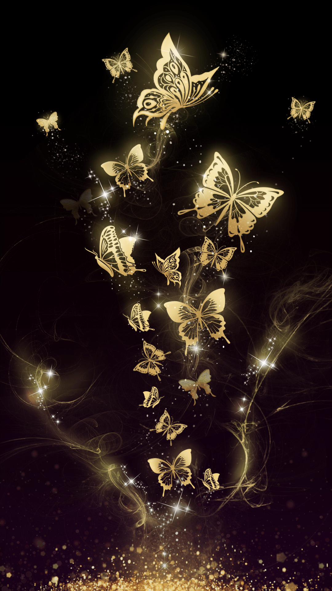 Farfalle dorate su nero, 1080x1920 Verticale, Telefono