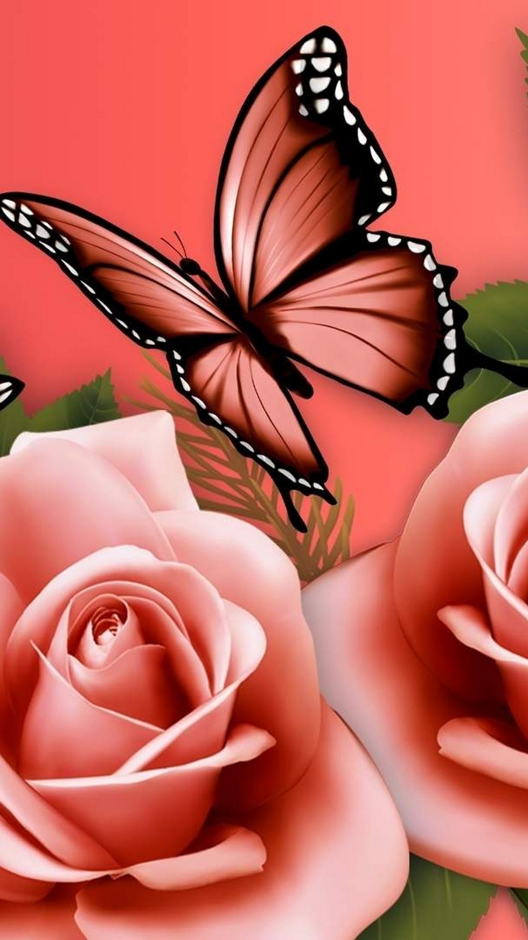 Farfalla arancione con rose rosa, 1080x1920 Verticale, Mobile