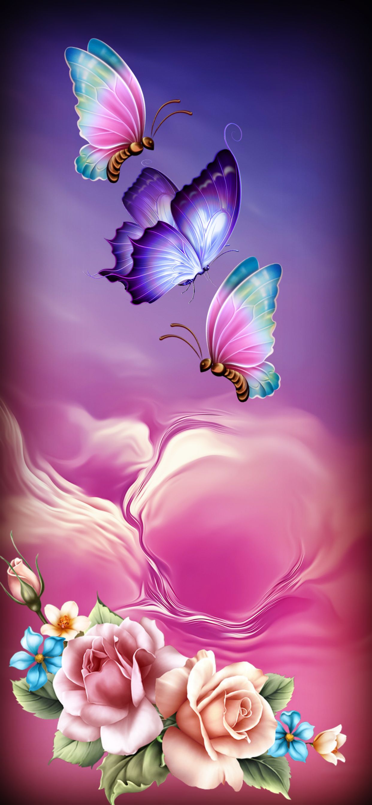 Farfalle colorate con rose rosa, 1242x2688 Verticale, Mobile