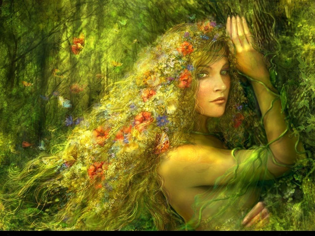 Fata della foresta con fiori, 1024x768 HD, PC