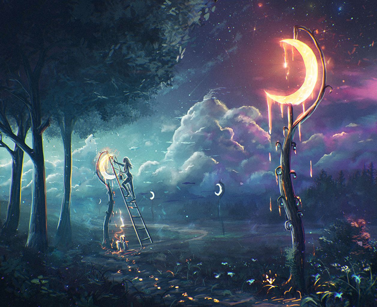 Fata luna scala foresta notte, 1257x1024 HD, Laptop