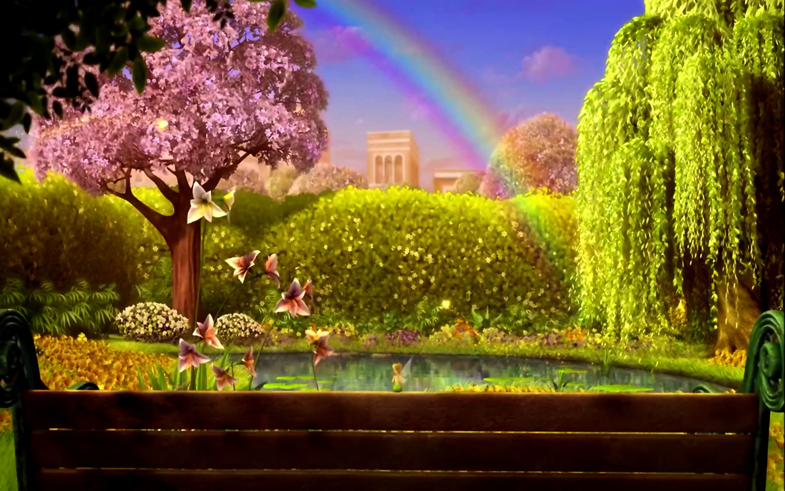 Giardino fatato con arcobaleno e farfalle, 2560x1600 2K, Desktop