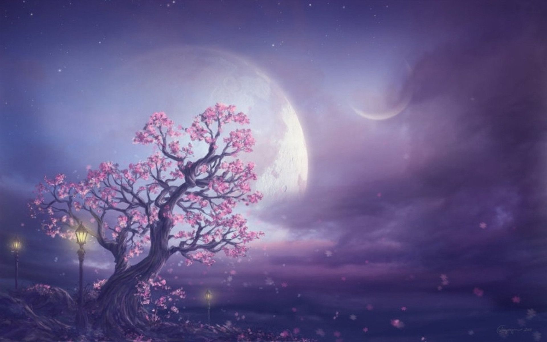 Albero fiorito con luna viola, 1920x1200 WUXGA, Desktop