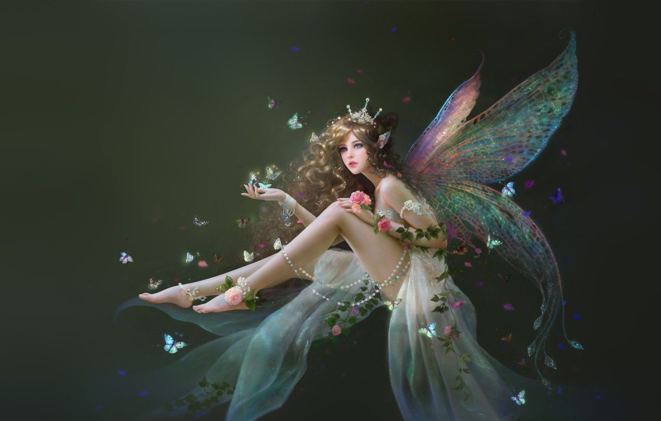 Fata con farfalle e fiori, 1332x850 720p, PC