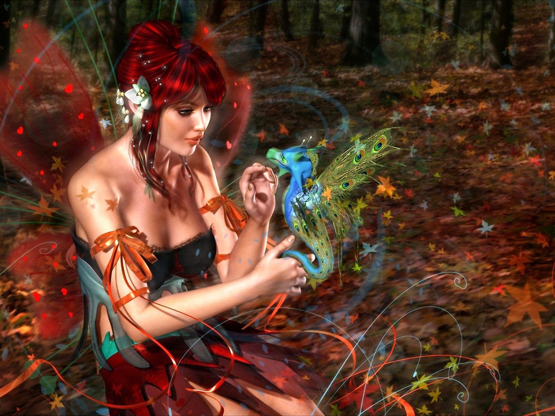 Fata capelli rossi drago autunno, 1920x1440 Full HD+, Laptop