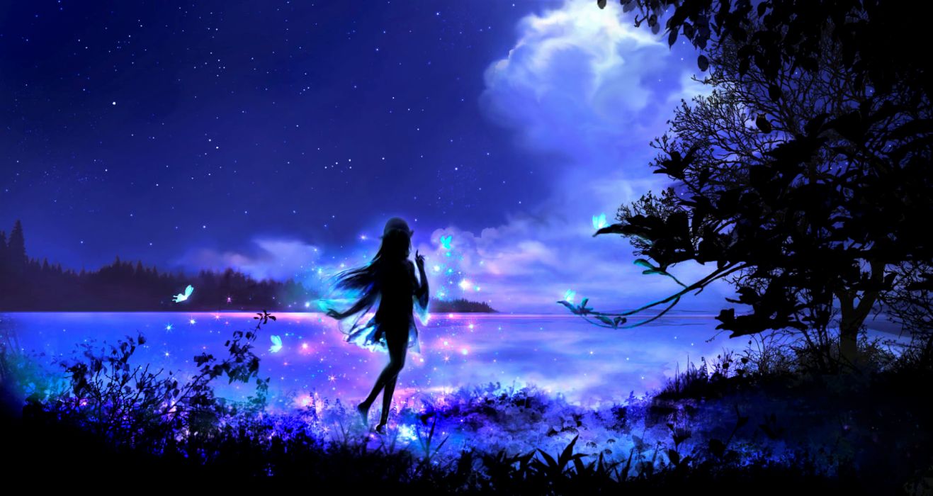 Fata farfalla silhouette notturna, 1317x700 HD, Desktop