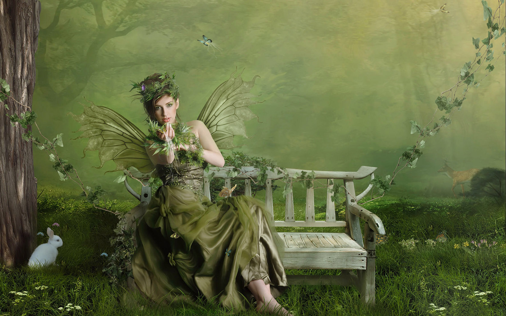 Fata verde su panchina, 1680x1050 HD, Desktop