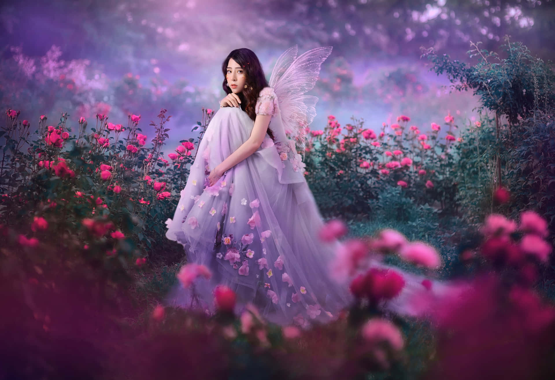 Fata tra rose viola, 1920x1314 Full HD+, Desktop