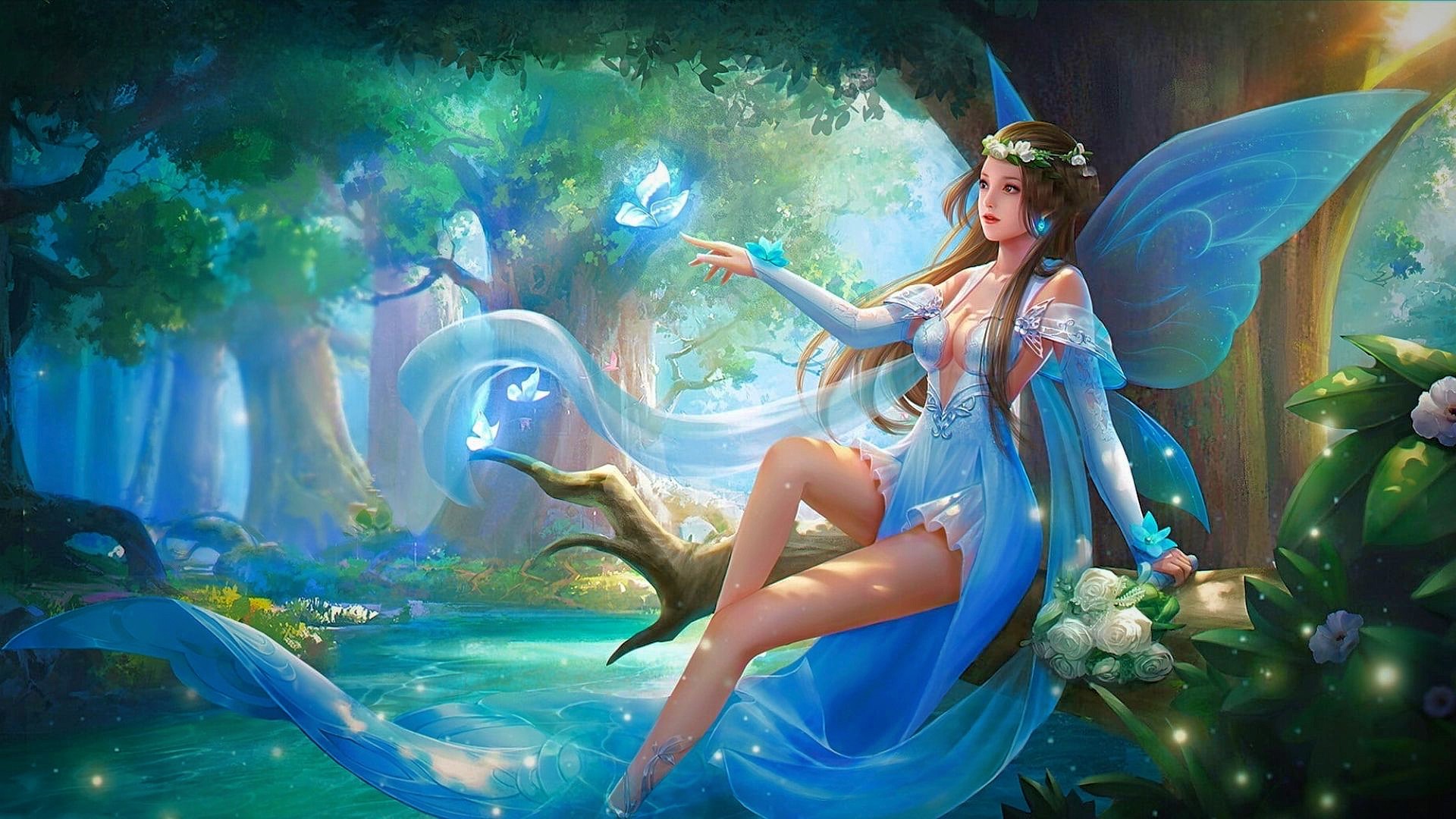 Fata con ali blu foresta, 1920x1080 Full HD 1080p, Desktop