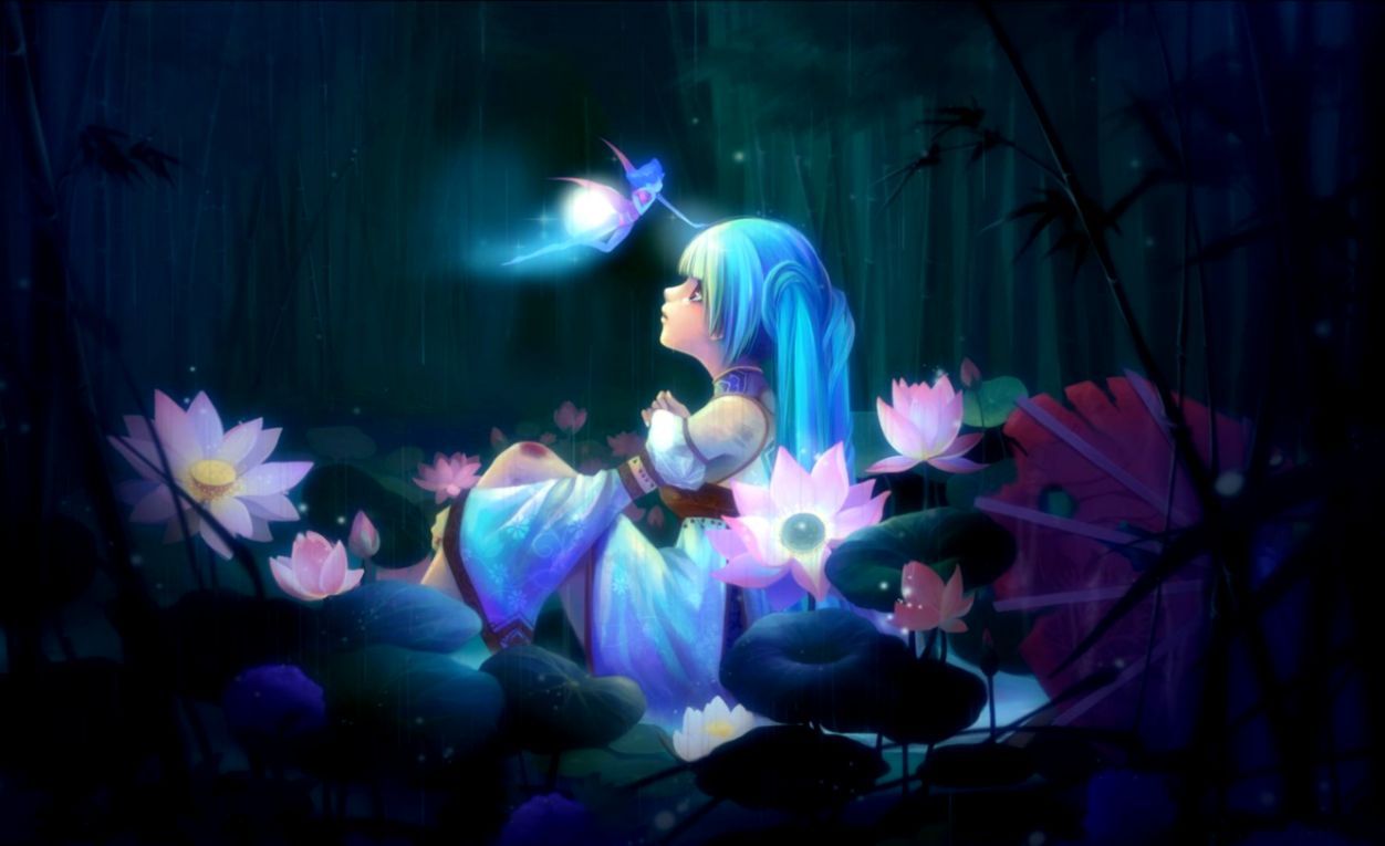Fata dai capelli blu tra fiori loto, 1252x765 HD, Desktop