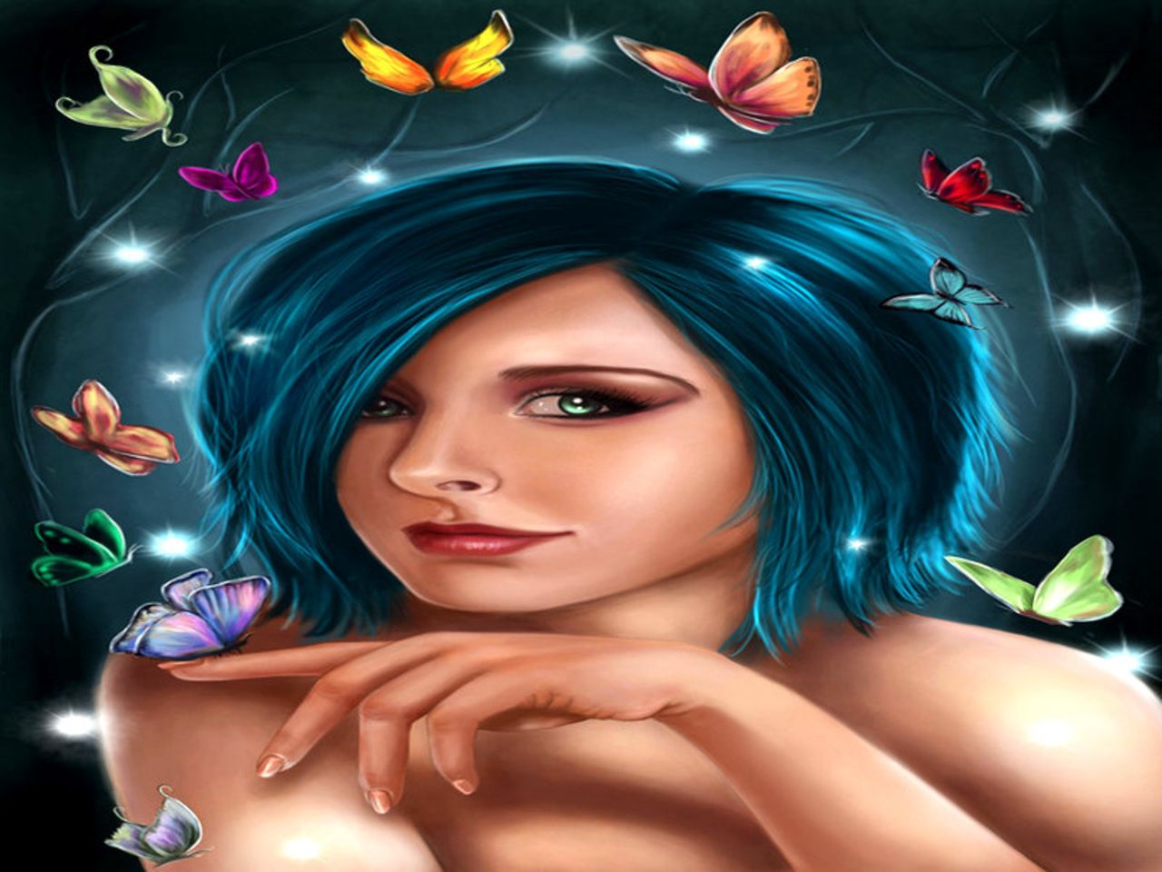 Fata capelli blu e farfalle, 1280x960 720p, Laptop