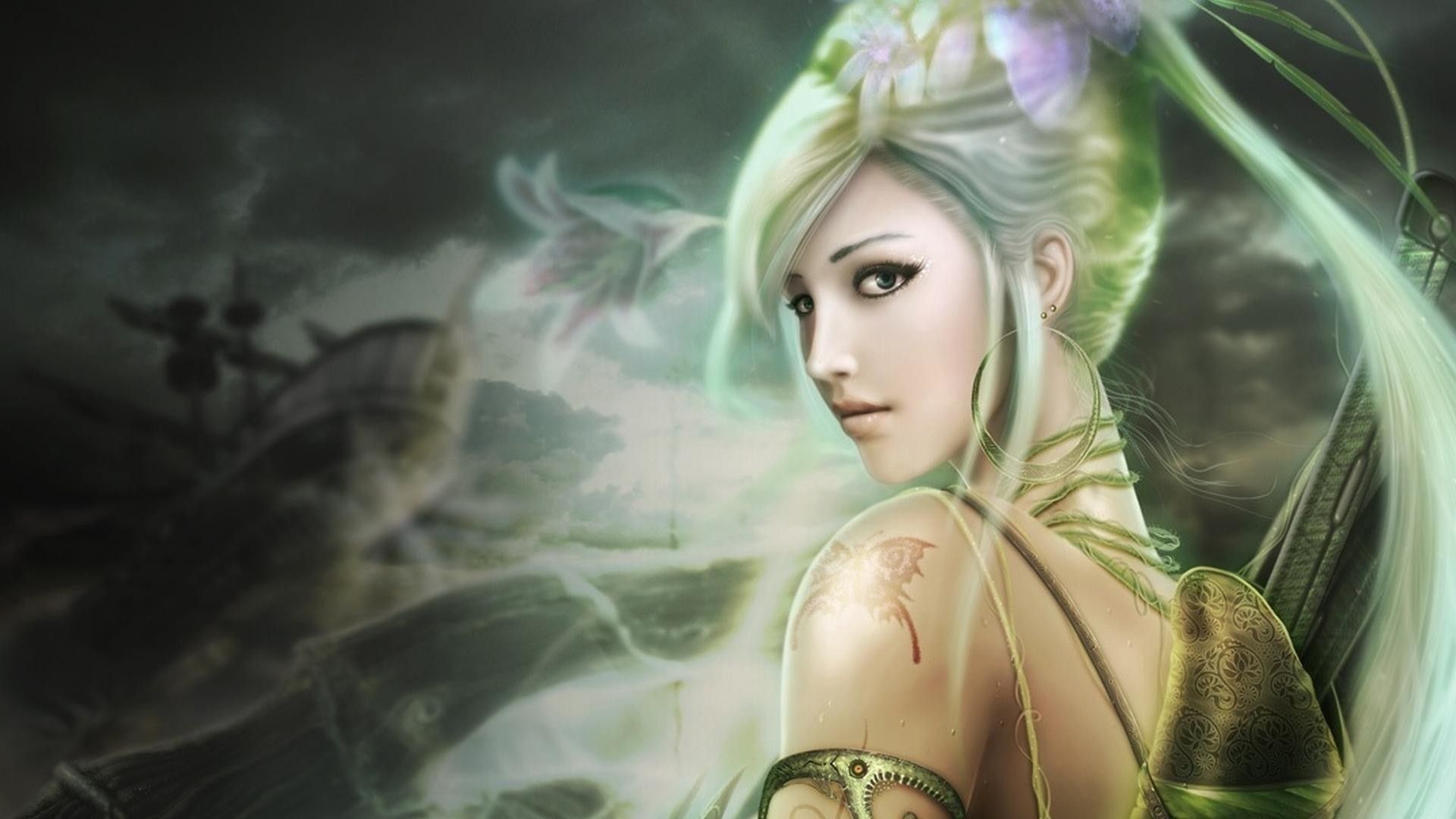 Fata con capelli bianchi e fiori, 1920x1080 Full HD, PC