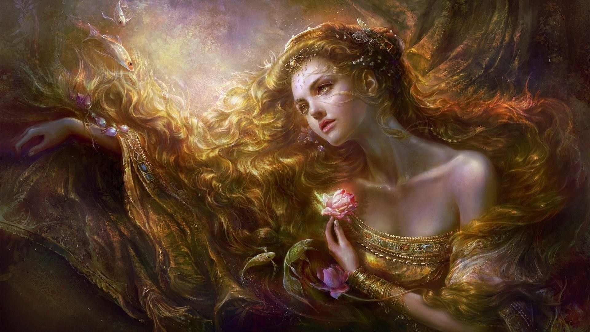 Fata con capelli dorati e fiore, 1920x1080 Full HD 1080p, Desktop