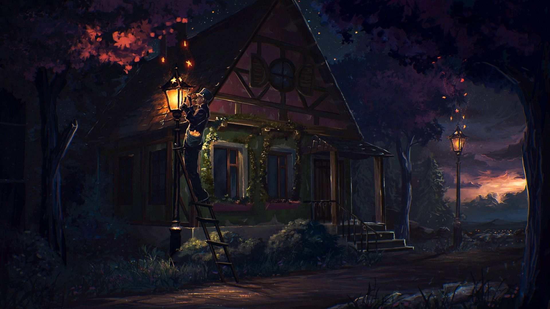 Casa fiabesca notturna con lanterna, 1920x1080 Full HD, Desktop