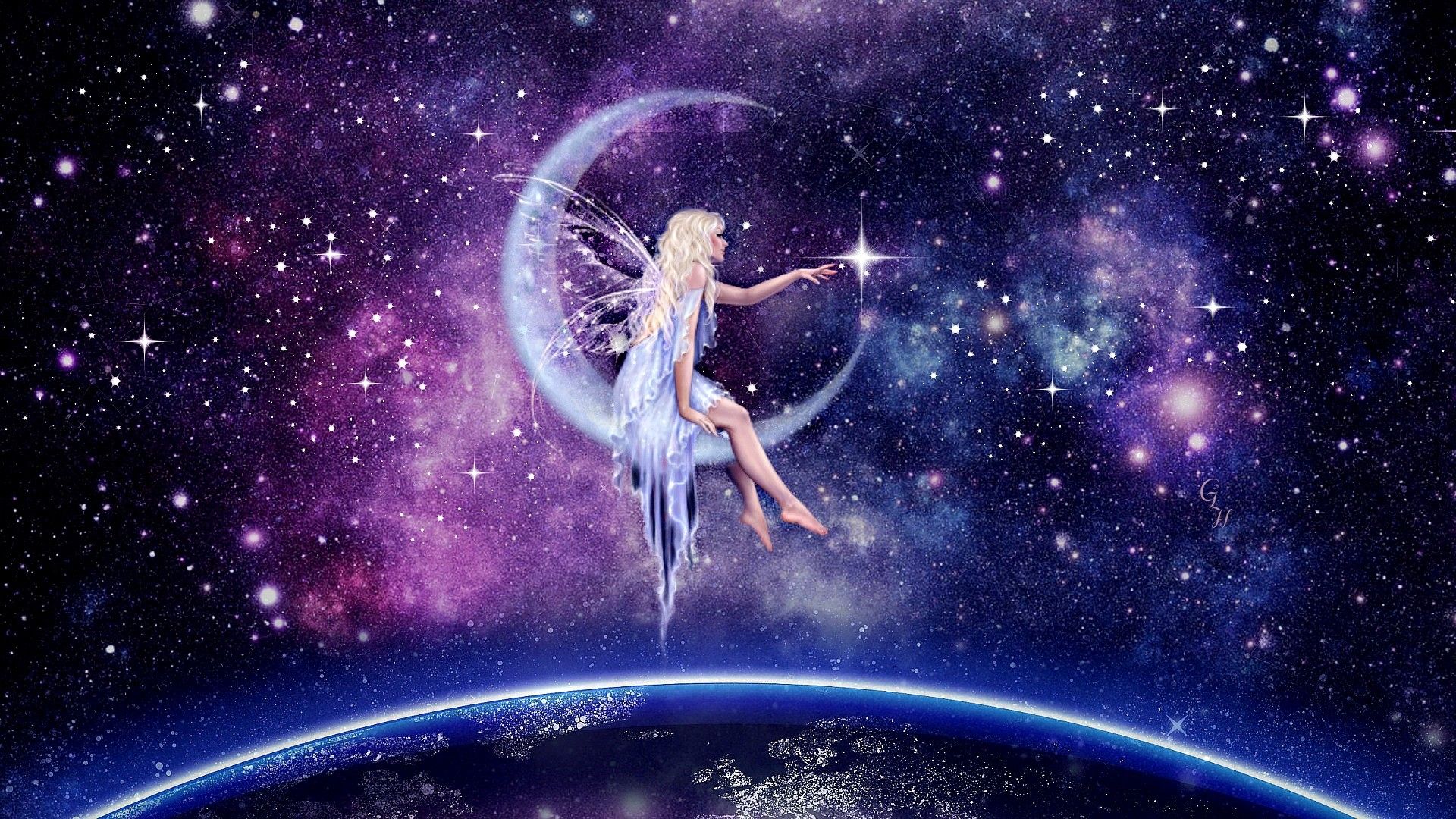 Fata seduta su luna viola, 1920x1080 Full HD, Desktop