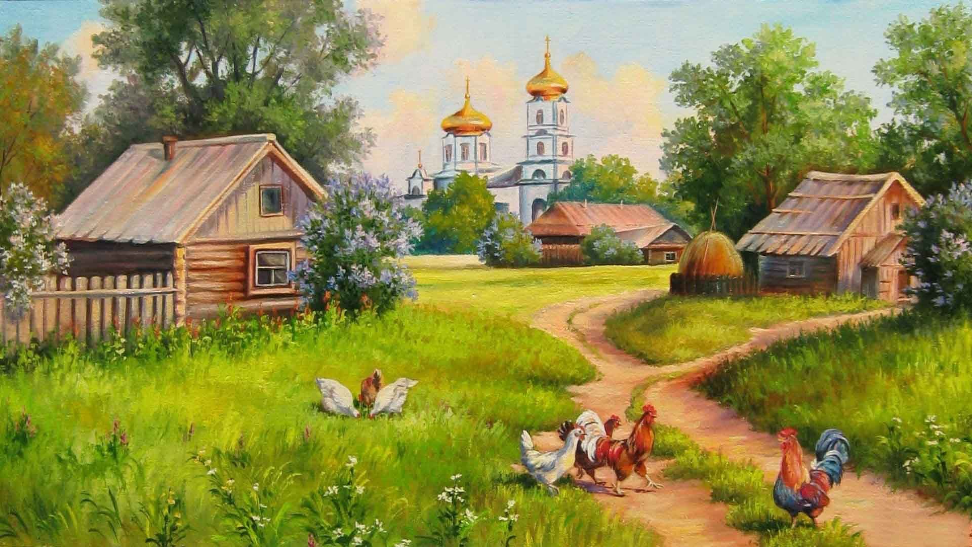 Villaggio rurale con galline, 1920x1080 Full HD, Desktop
