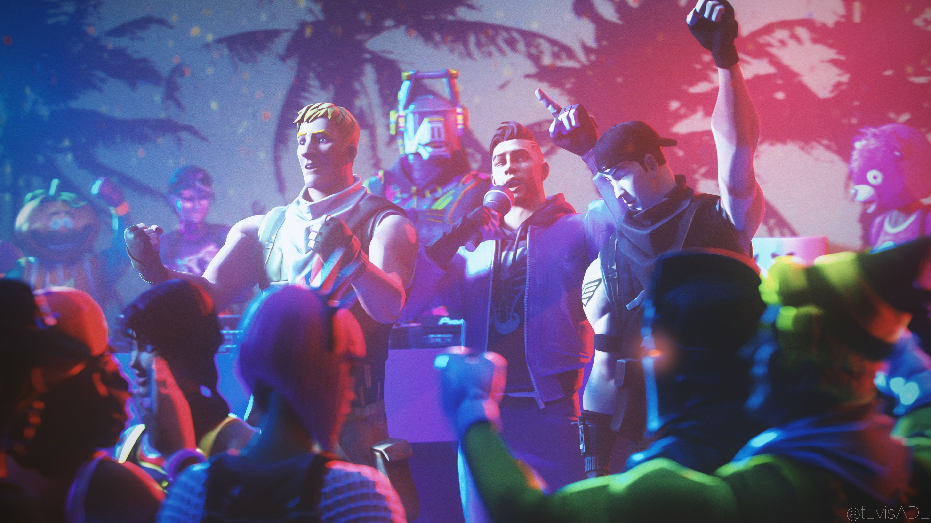 Fortnite personaggi festa neon, Epic Games, 3840x2160 UHD, PC 4K