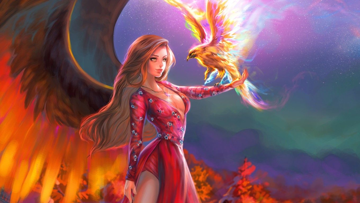 Ragazza fantasy con fenice, 1360x768 HD, Laptop