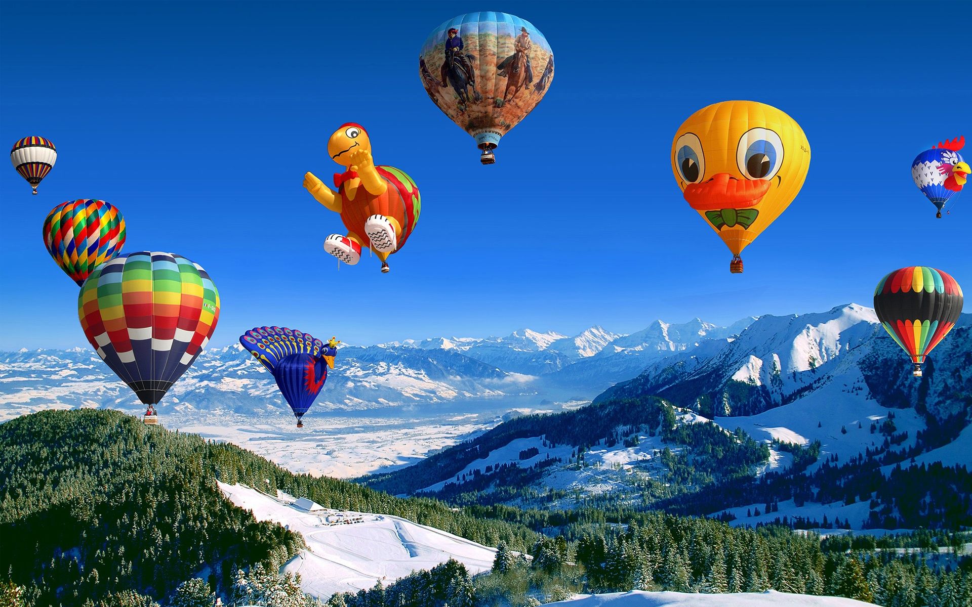 Mongolfiere colorate su montagne innevate, 1920x1200 Full HD+, PC Desktop