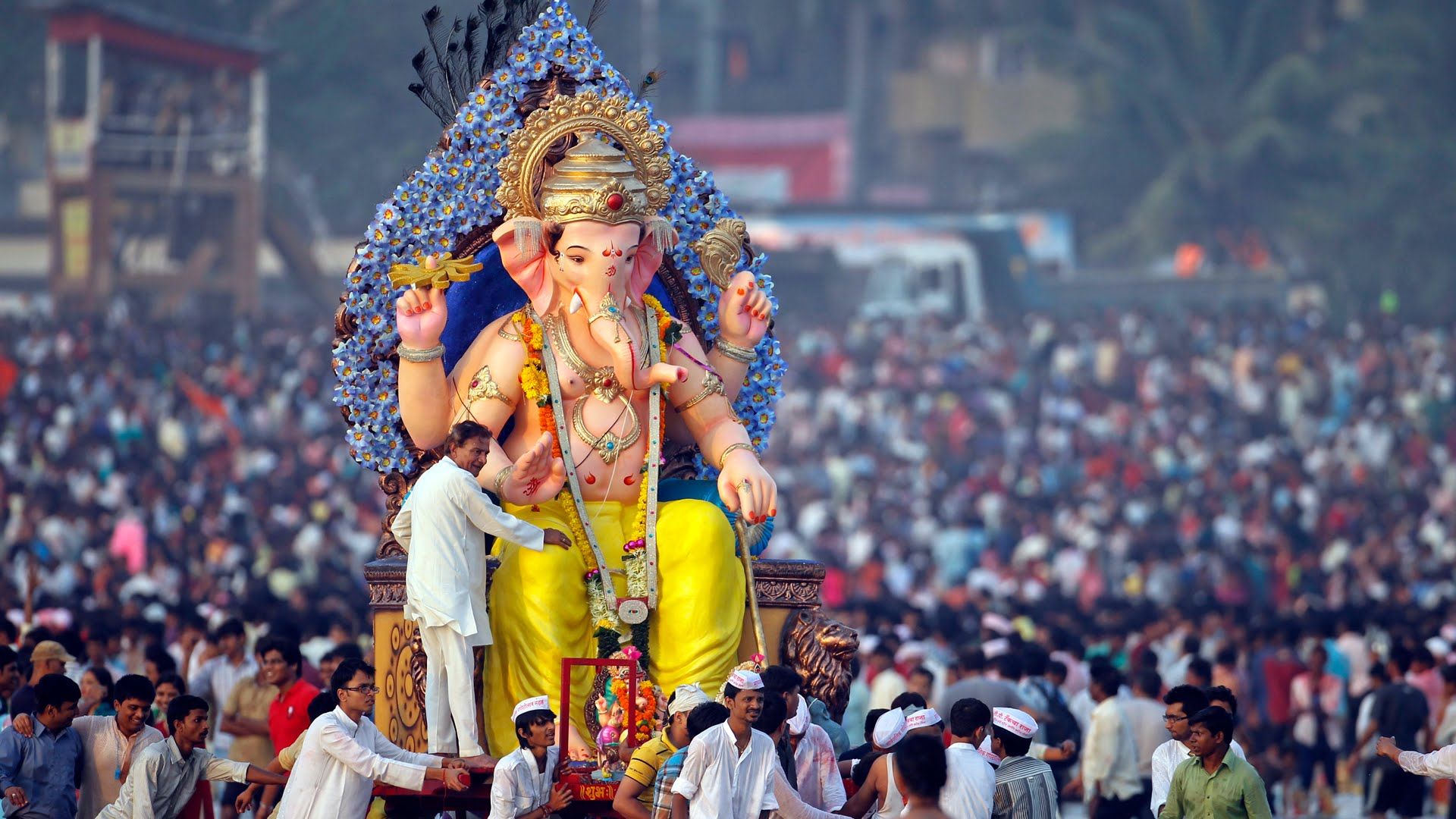 Statua Ganesh festa indiana folla, 1920x1080 Full HD, Desktop