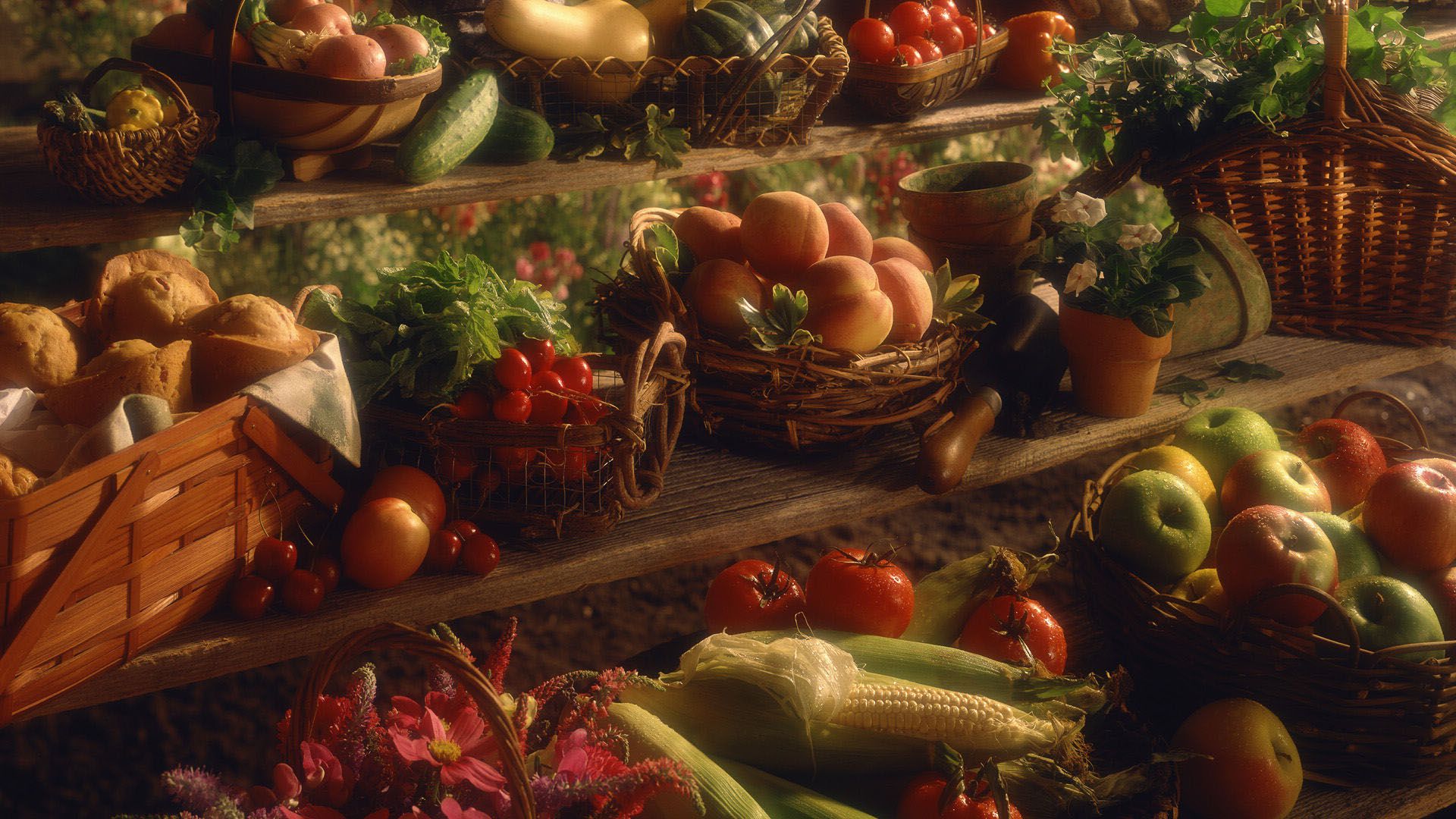 Frutta e verdura autunnale in cesti, 1920x1080 Full HD, PC