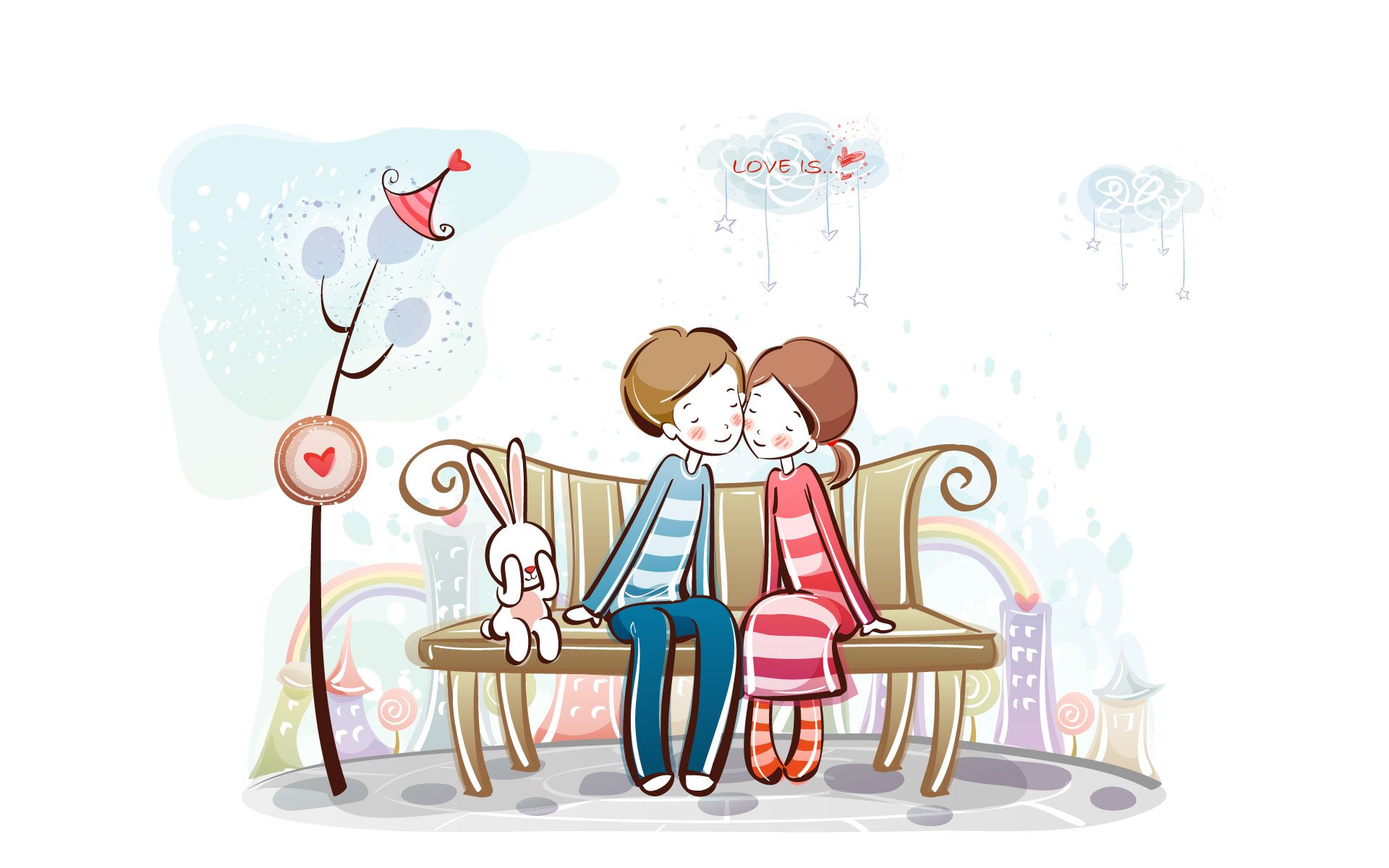 Coppia cartoon su panchina, 1920x1200 Full HD+, Desktop
