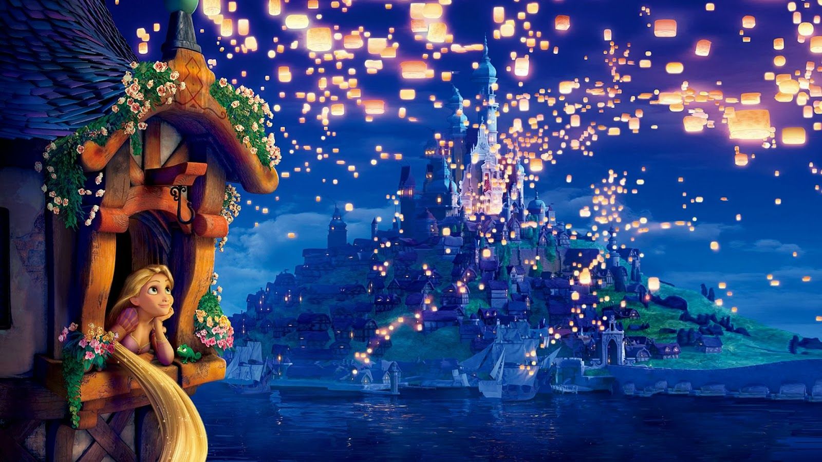 Rapunzel castello lanterne notte, 1600x900 HD, iMac