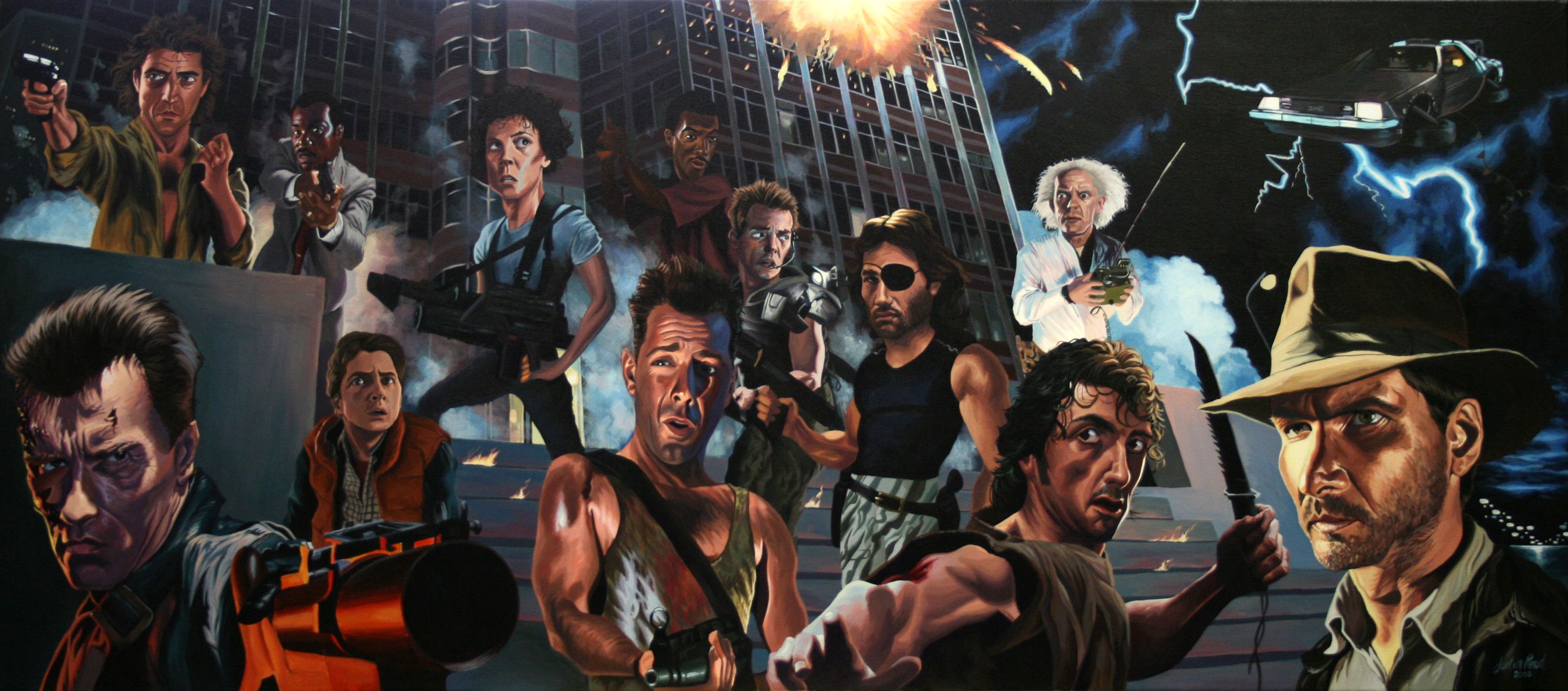 Collage personaggi film horror anni 80, 3000x1323 21:9, Ultrawide