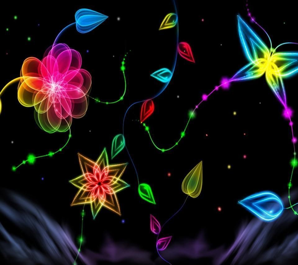 Fiori al neon colorati sfondo nero, 960x854 HD, Desktop