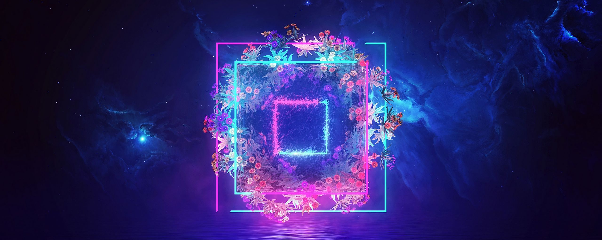 Fiori al neon con quadrati, 2560x1024 21:9, Ultrawide
