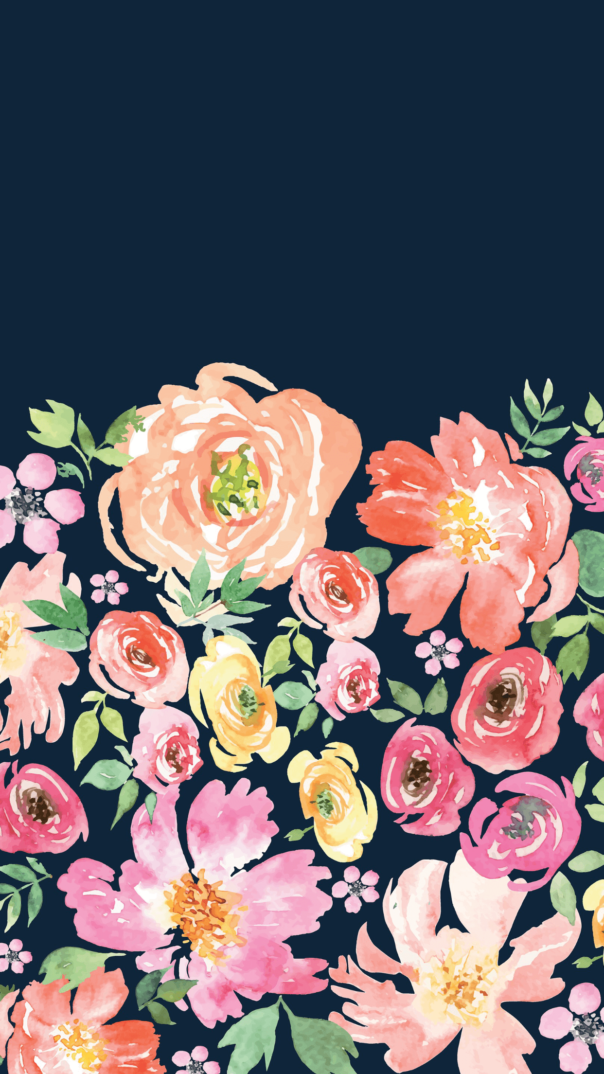 Fiori acquerello sfondo blu navy, 1242x2208 Verticale, iPhone Plus