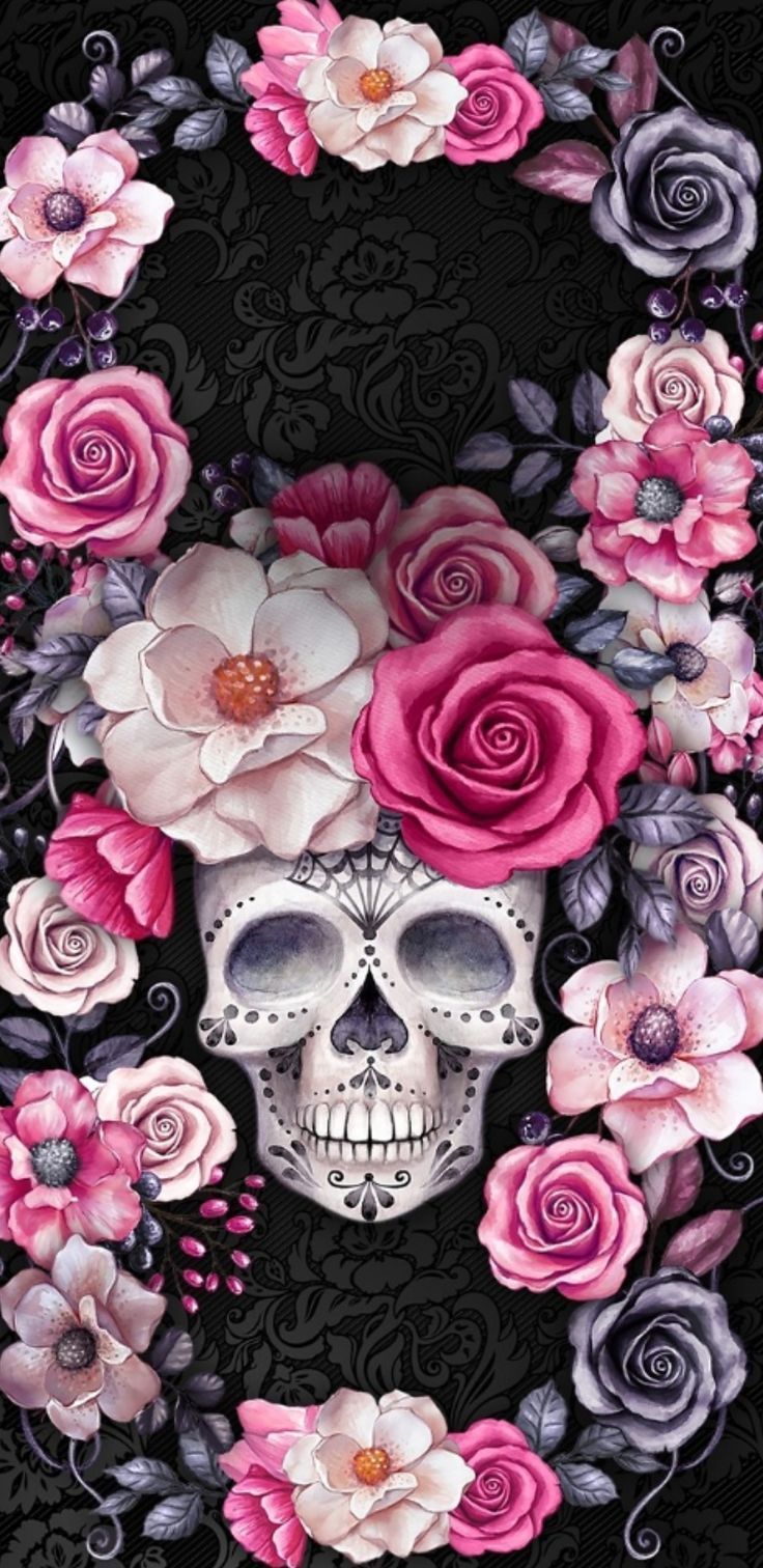 Teschio con fiori rosa, 736x1512 Full HD Verticale, iPhone