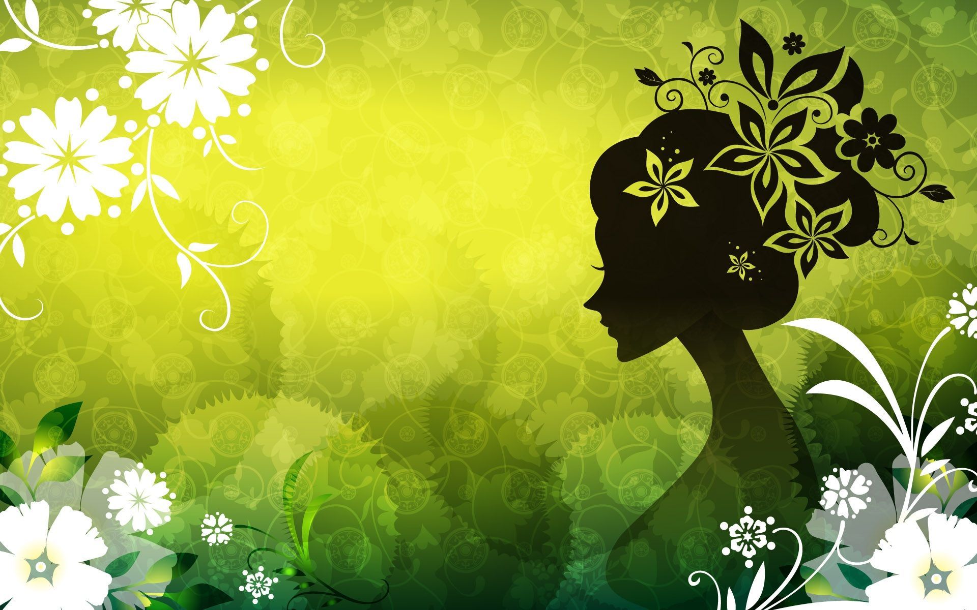 Silhouette donna con fiori verdi, 1920x1200 Full HD+, Desktop