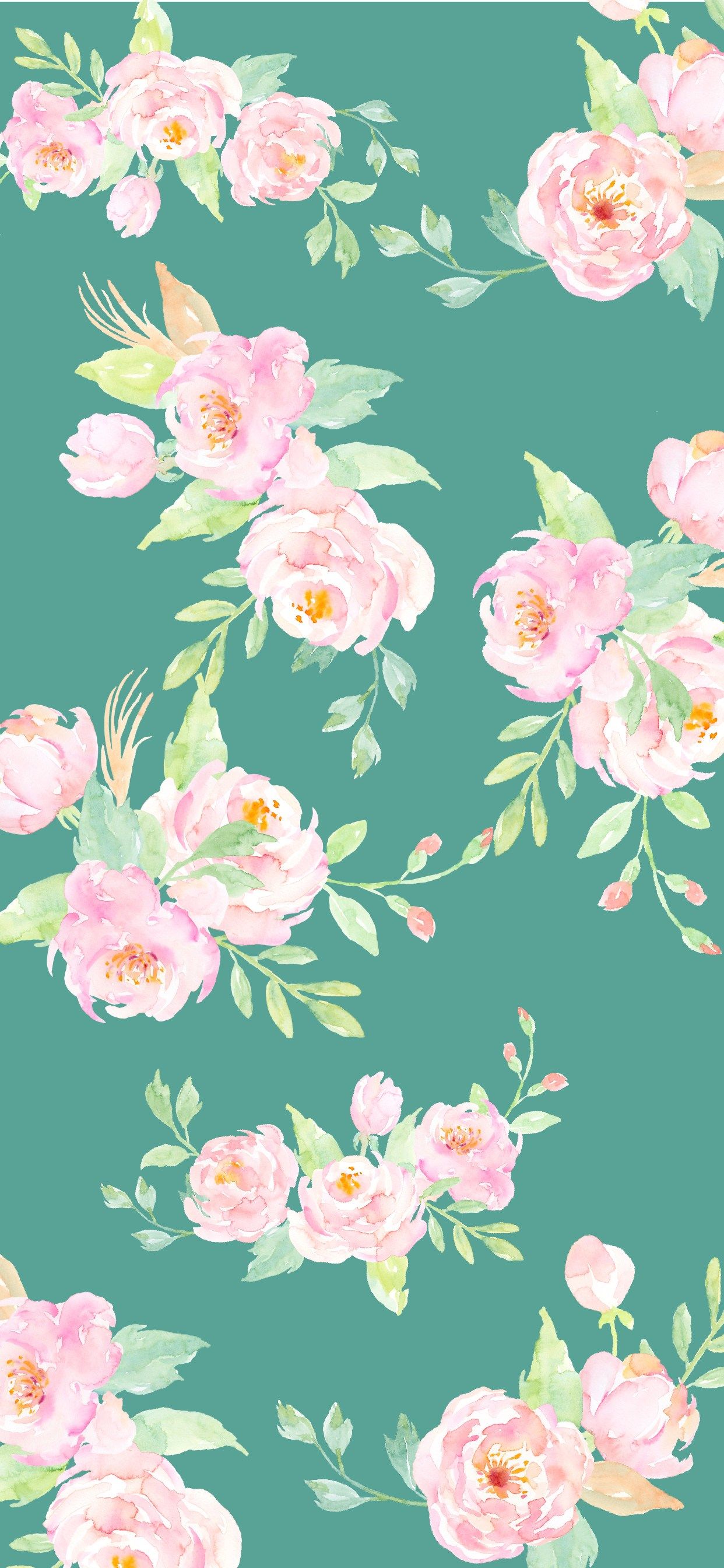 Fiori acquerello rosa sfondo verde, 1242x2688 Full HD Verticale, iPhone Pro