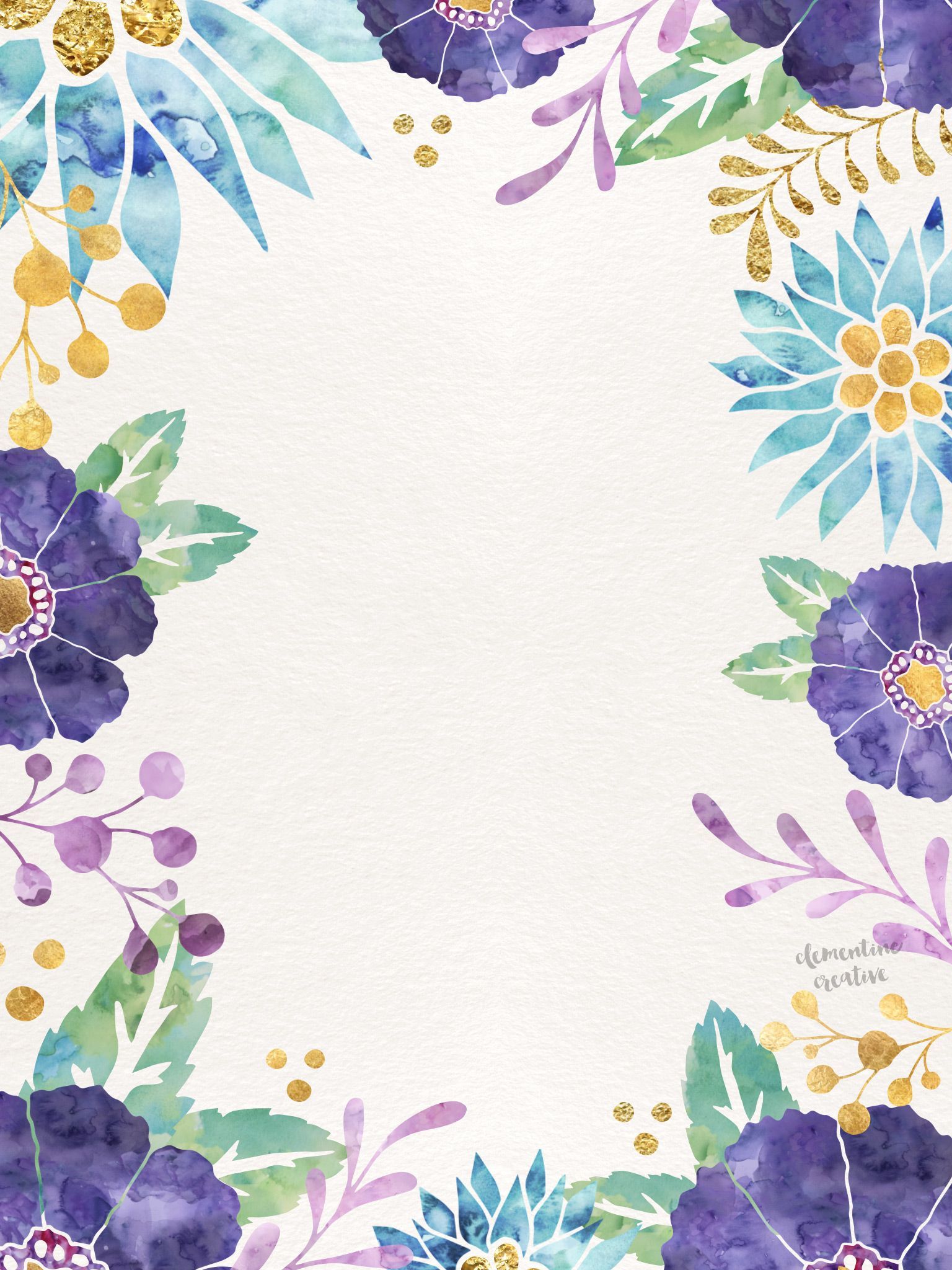 Fiori viola acquerello cornice, 1536x2048 Verticale, iPhone Pro