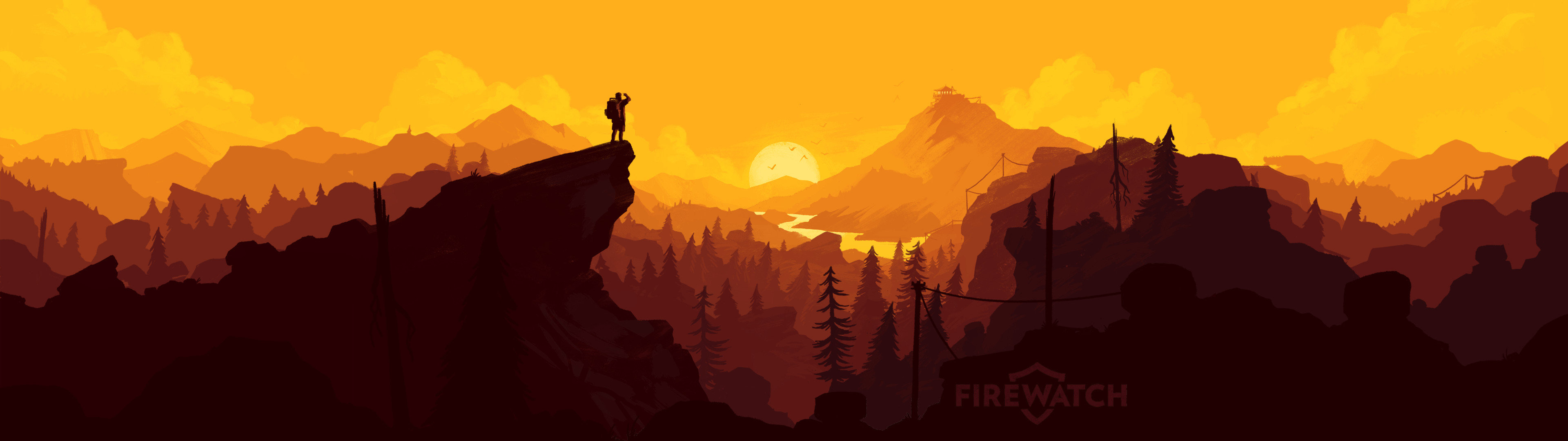 Silhouette figura montagne tramonto Firewatch, 3840x1080 21:9, Ultrawide